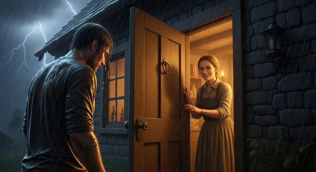 Uma Mulher Dá Abrigo a um Estranho e Descobre Algo Inexplicável Uma casa simples no meio de uma tempestade noturna. Uma mulher abre a porta com expressão acolhedora enquanto um homem coberto de lama e encharcado busca abrigo. A cena deve transmitir calor humano, fé e esperança, com iluminação suave e realismo emocional.